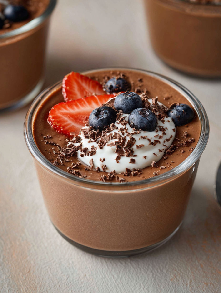 A protein pudding with strawberries and blueberries on top.