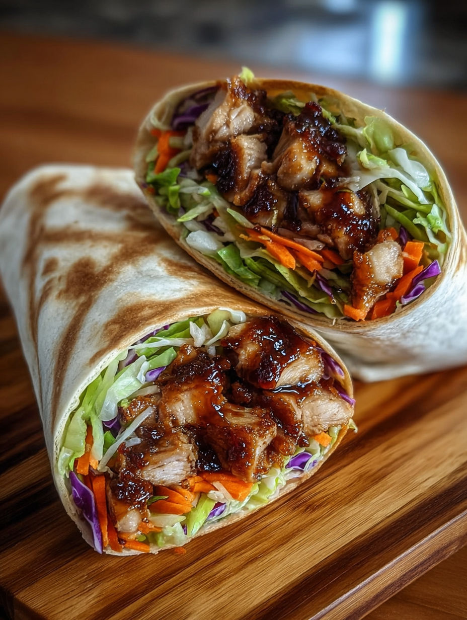 A teriyaki chicken wrap with carrots and lettuce.