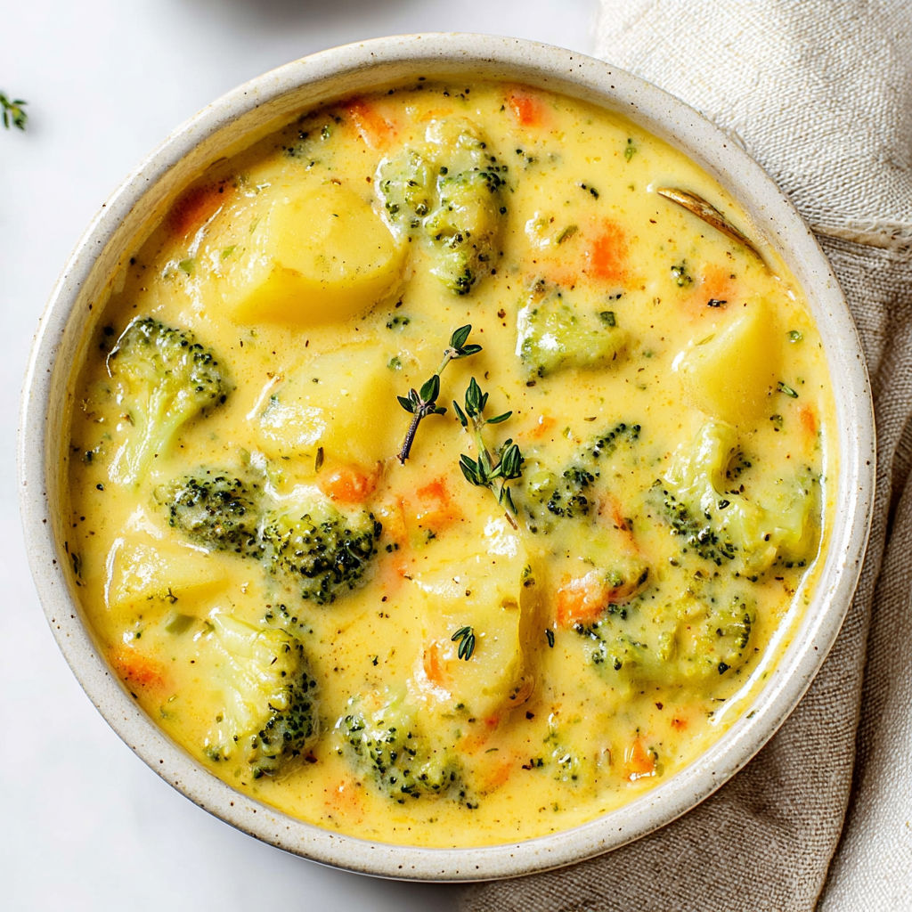 A bowl of soup with broccoli and potatoes.