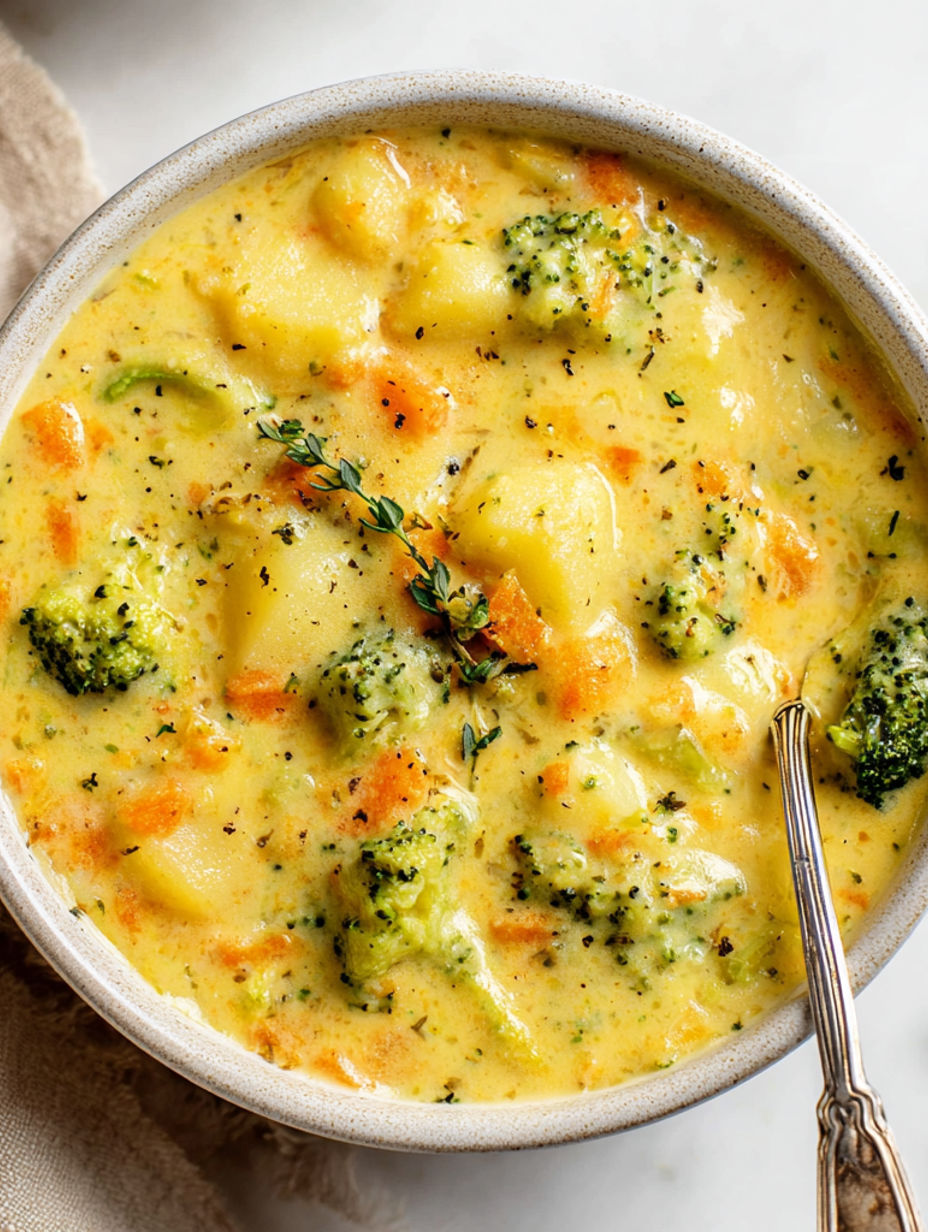A bowl of soup with broccoli and potatoes.