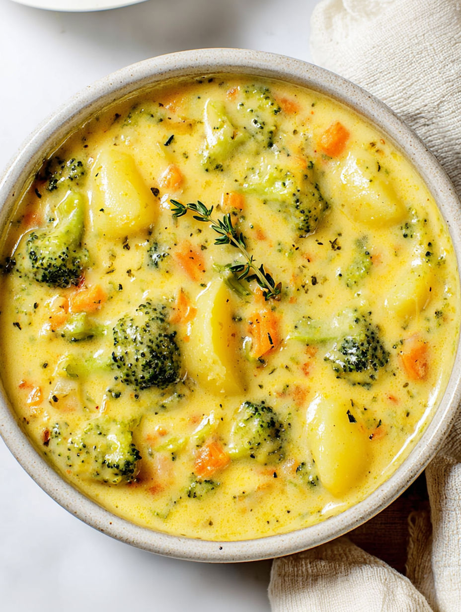 A bowl of soup with broccoli and potatoes.