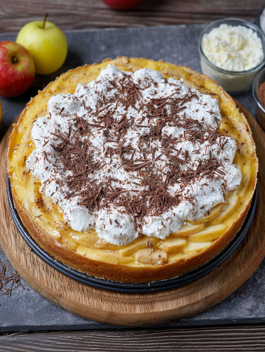 A slice of apple pie with white cream on top.