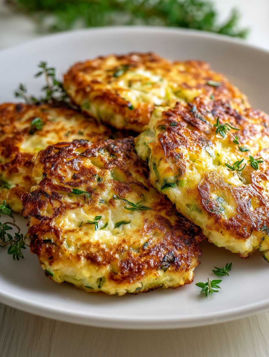 A plate of fried zucchini cakes with herbs.