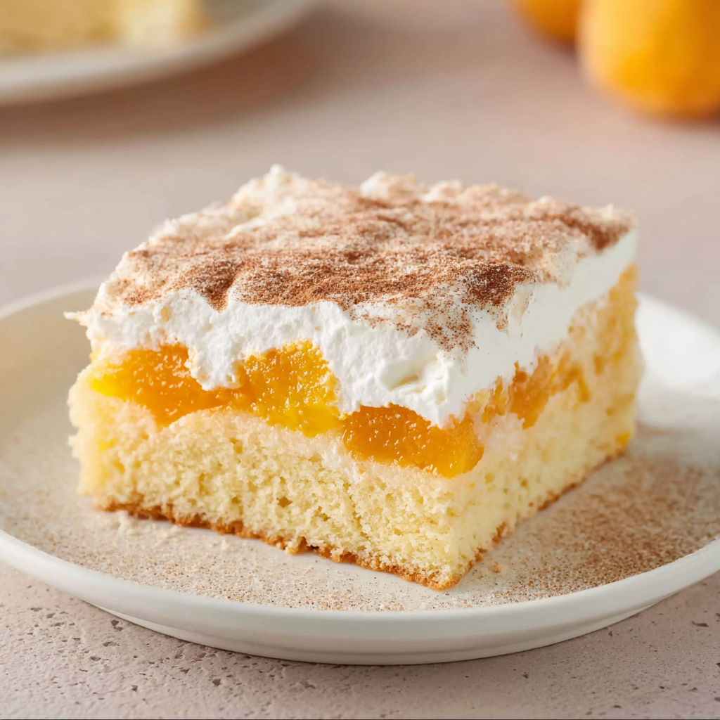 A slice of cake with white frosting and orange slices on top.