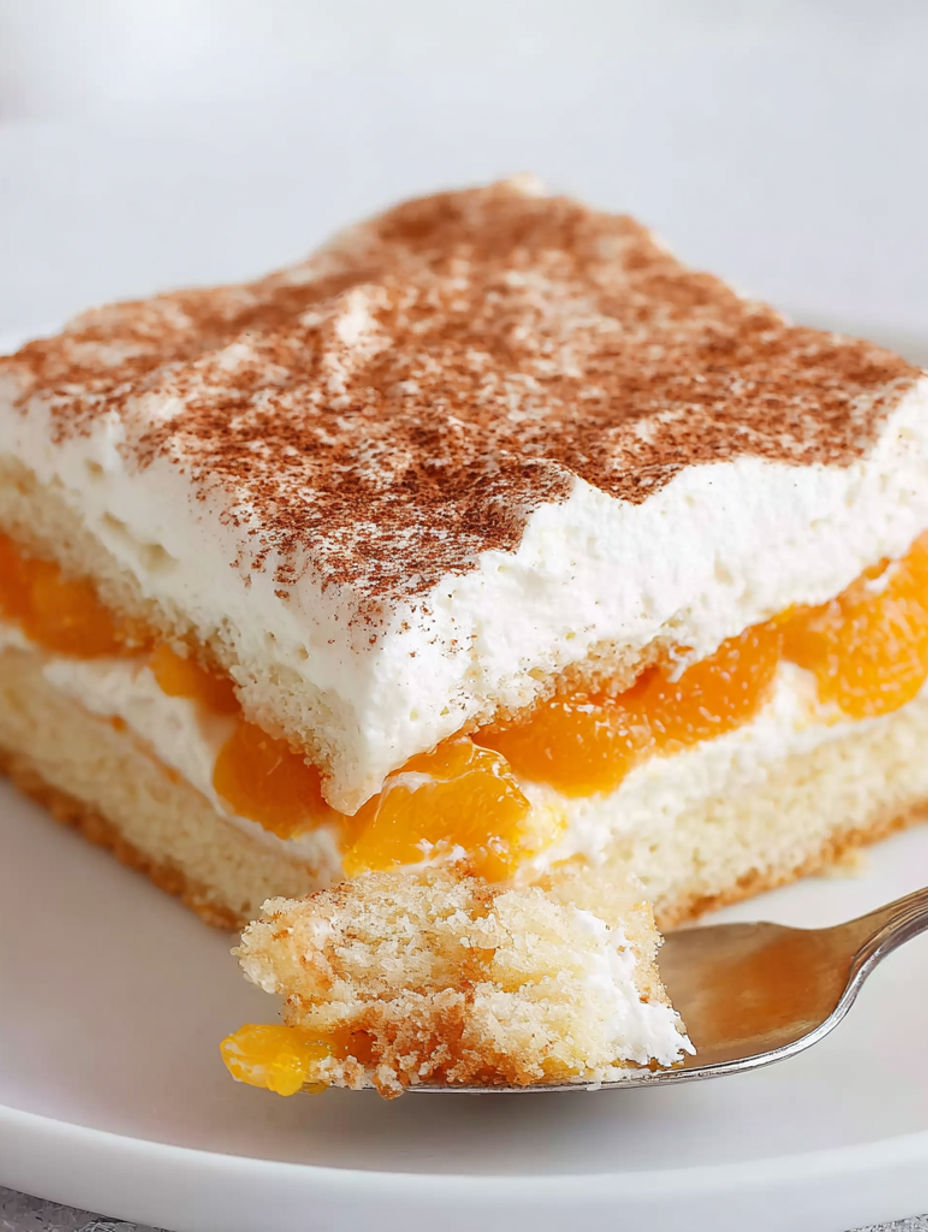 A slice of cake with orange slices on top.