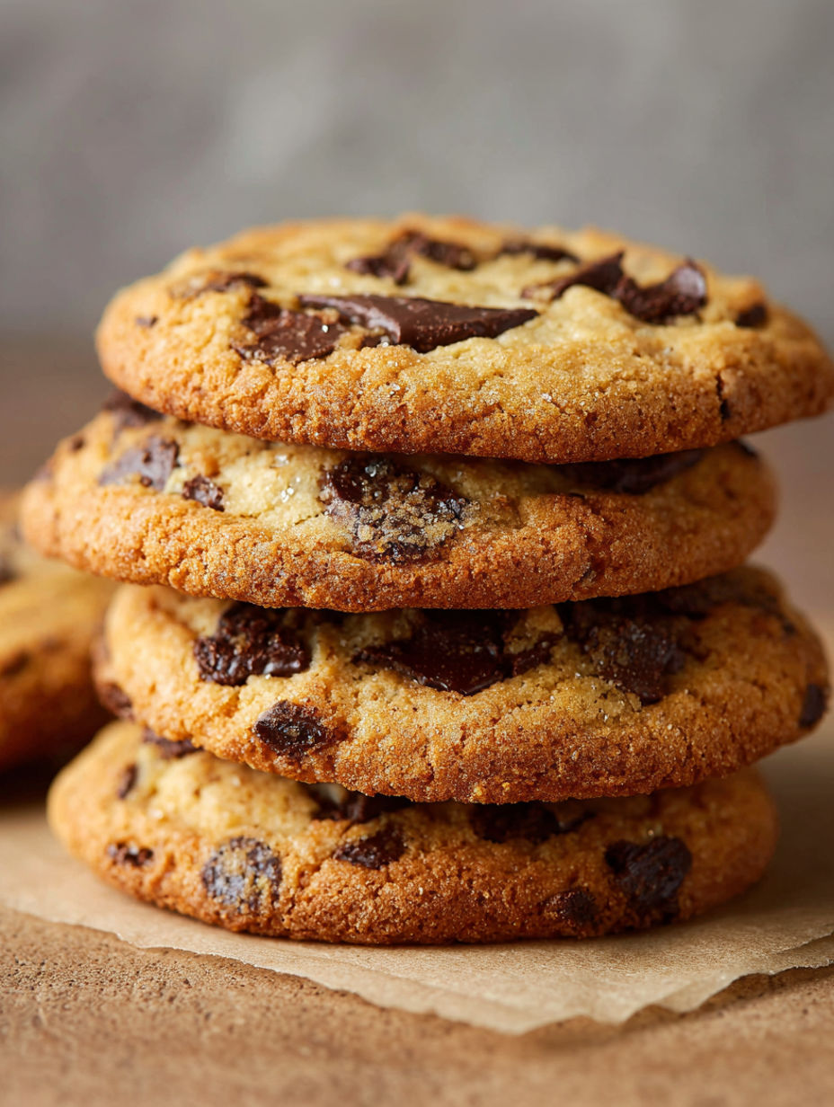 Three stacked chocolate chip cookies.