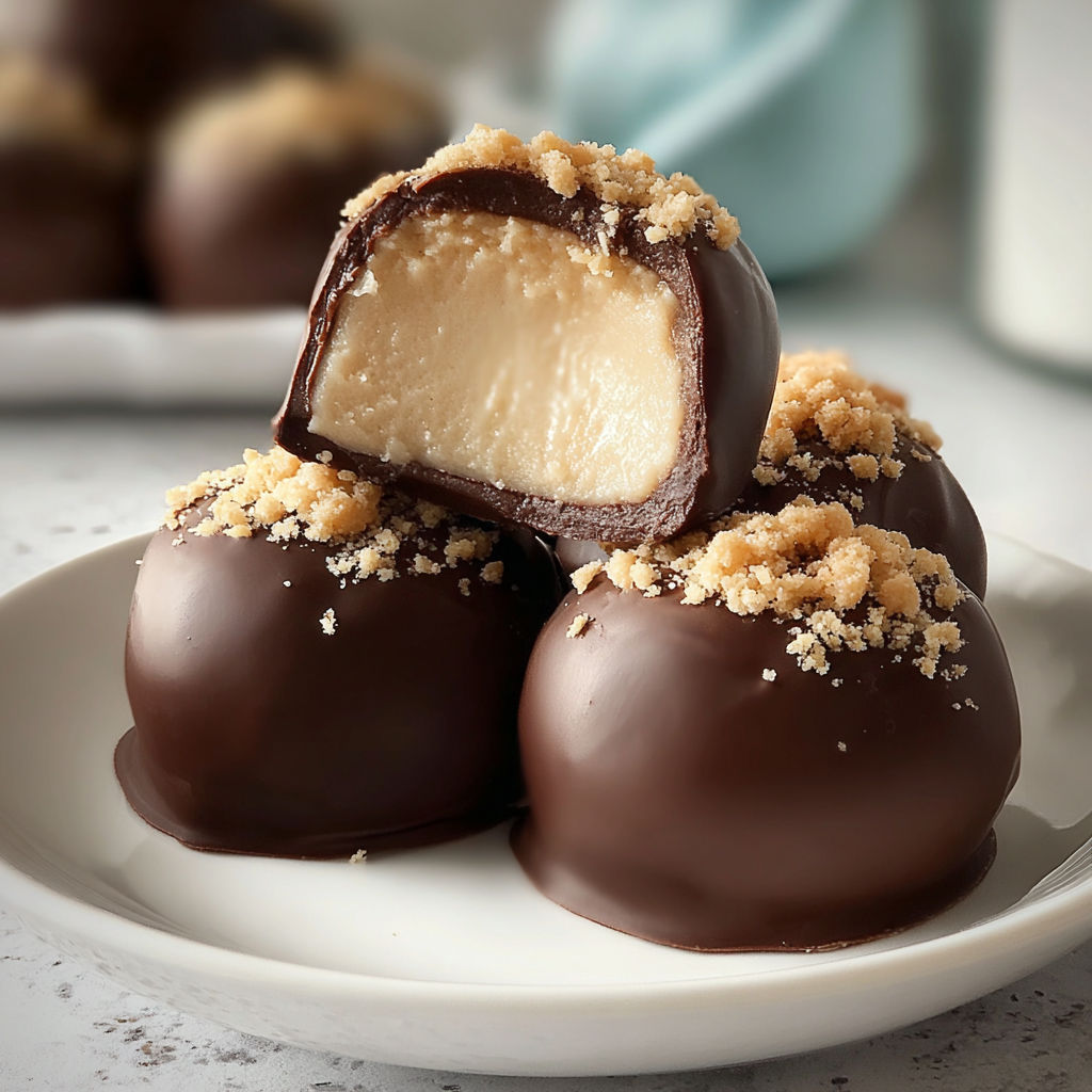 A plate of chocolate covered peanut butter balls.