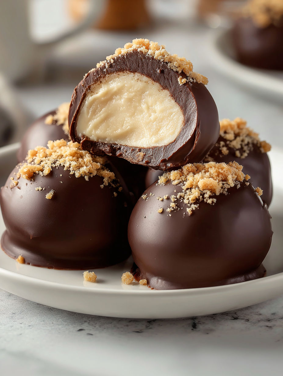 A plate of chocolate covered peanut butter balls.