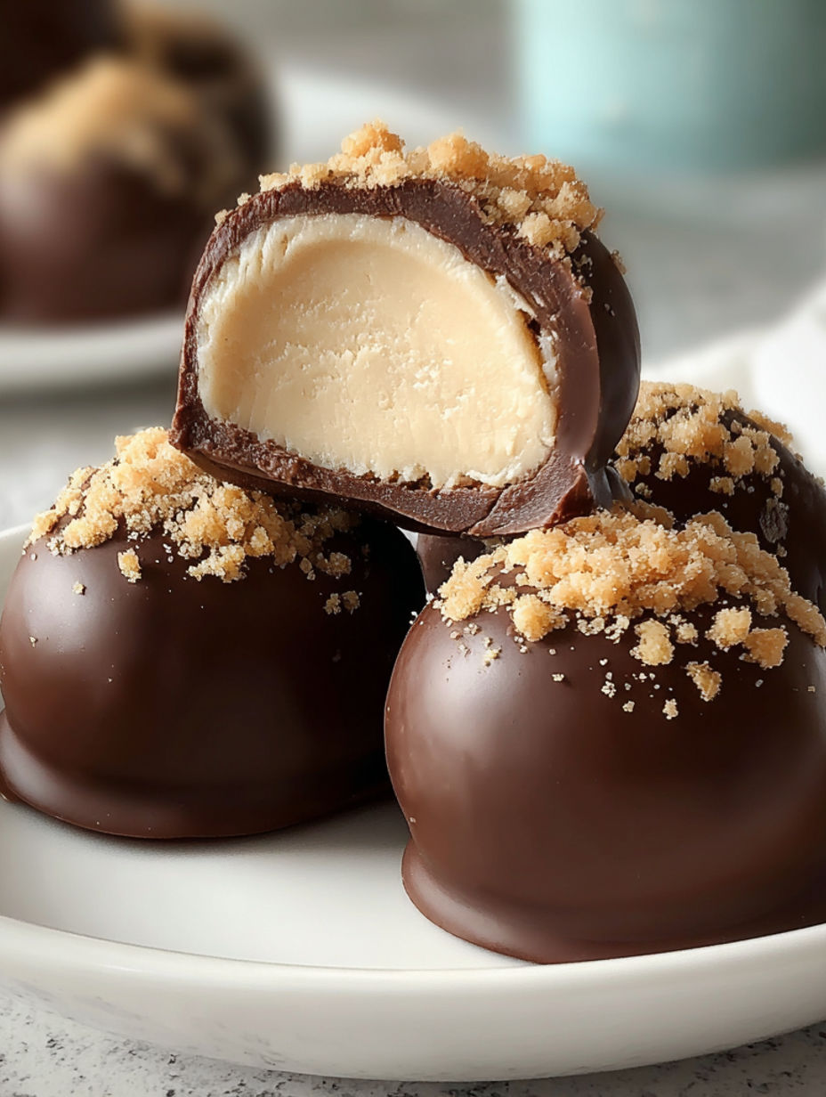 A plate of chocolate covered peanut butter balls.