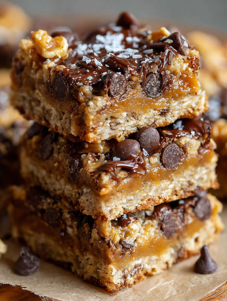 A stack of chocolate chip and peanut butter bars.
