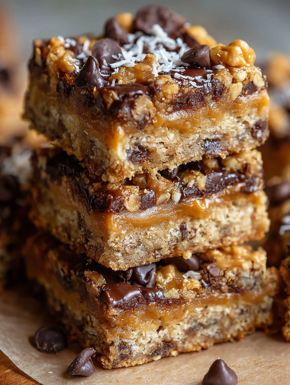 A stack of chocolate covered banana and walnut bars.