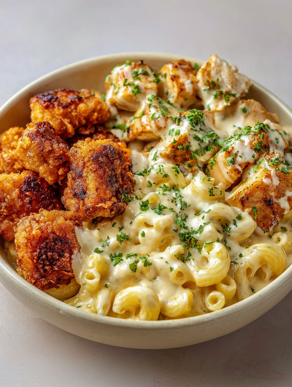 A bowl of food with chicken, pasta, and a green herb.