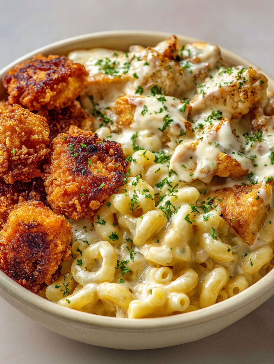 A bowl of food with chicken, noodles, and cheese.