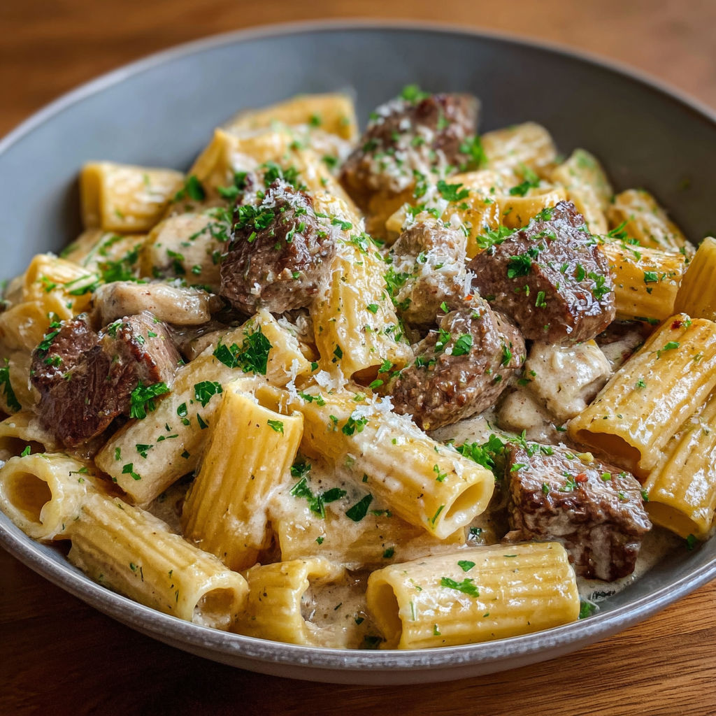 A bowl of pasta with meat and cheese.
