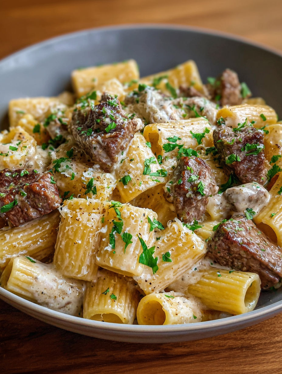 A bowl of pasta with meat and cheese.