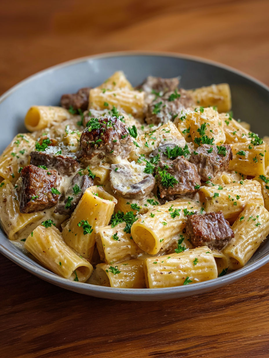 A bowl of pasta with meat and cheese.