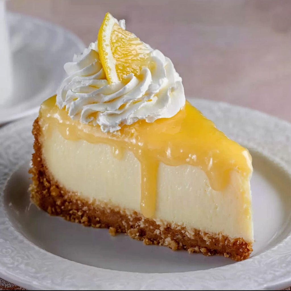 A slice of lemon cheesecake on a plate.