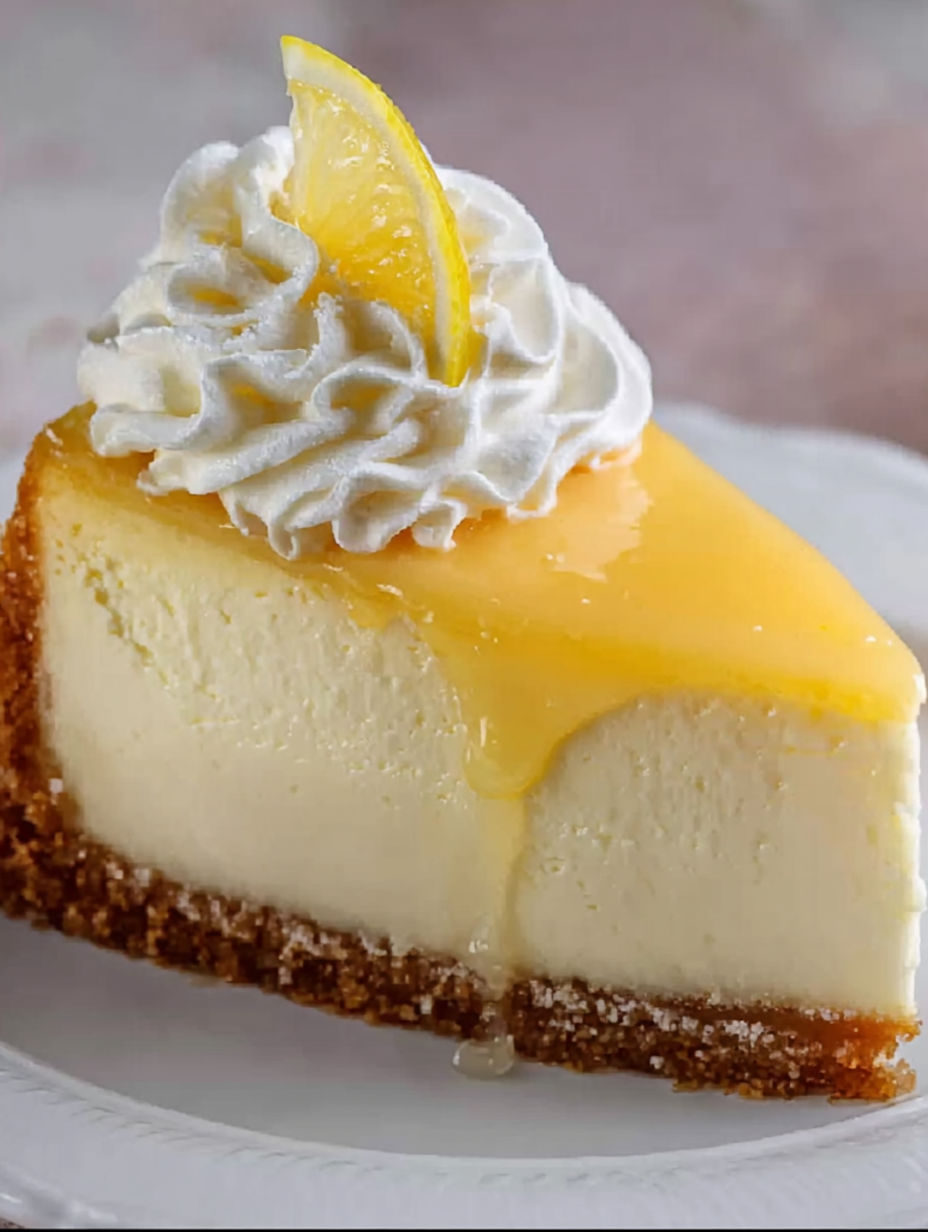 A slice of cheesecake with a lemon wedge on top.