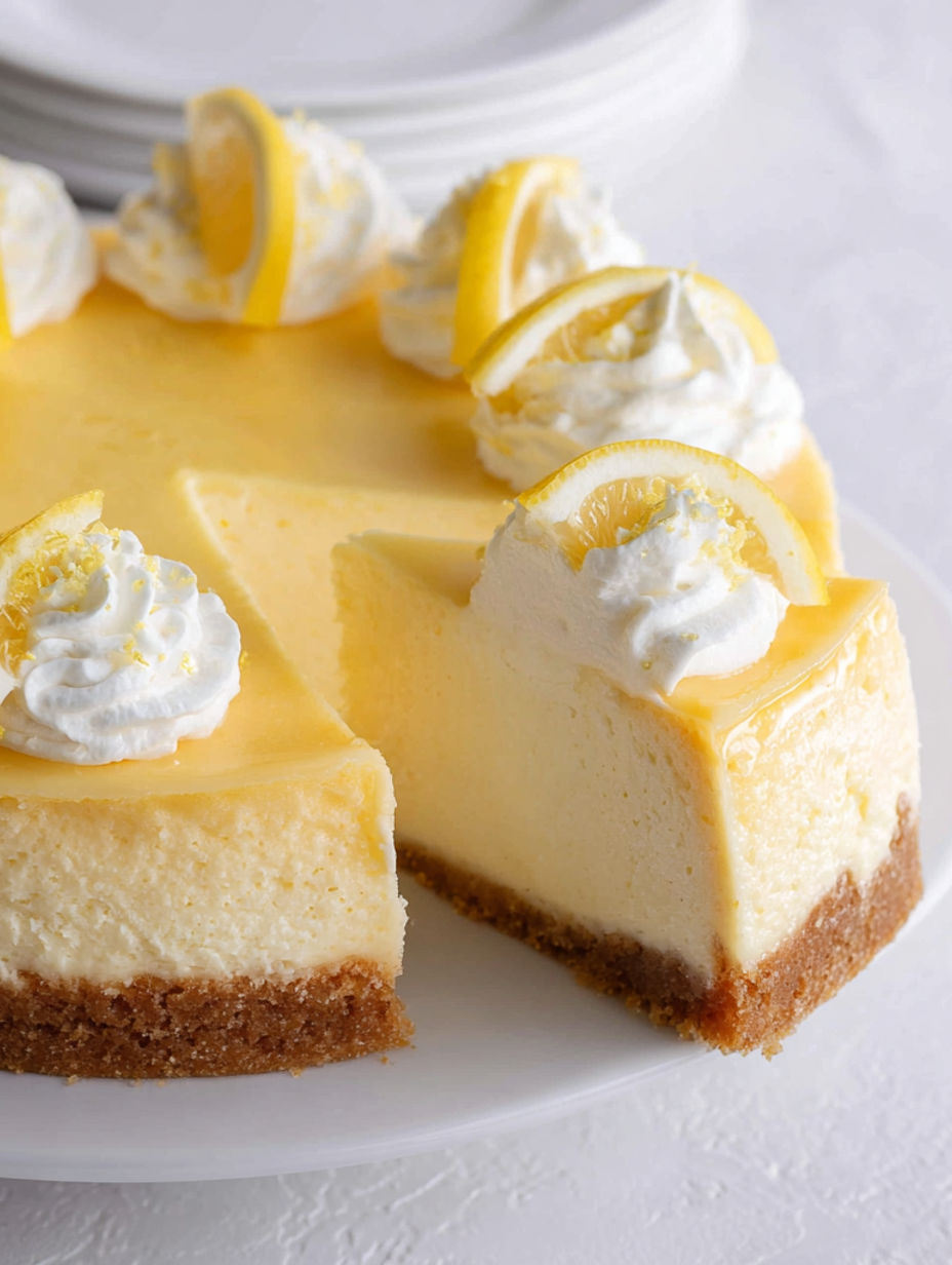 A slice of lemon cheesecake on a plate.