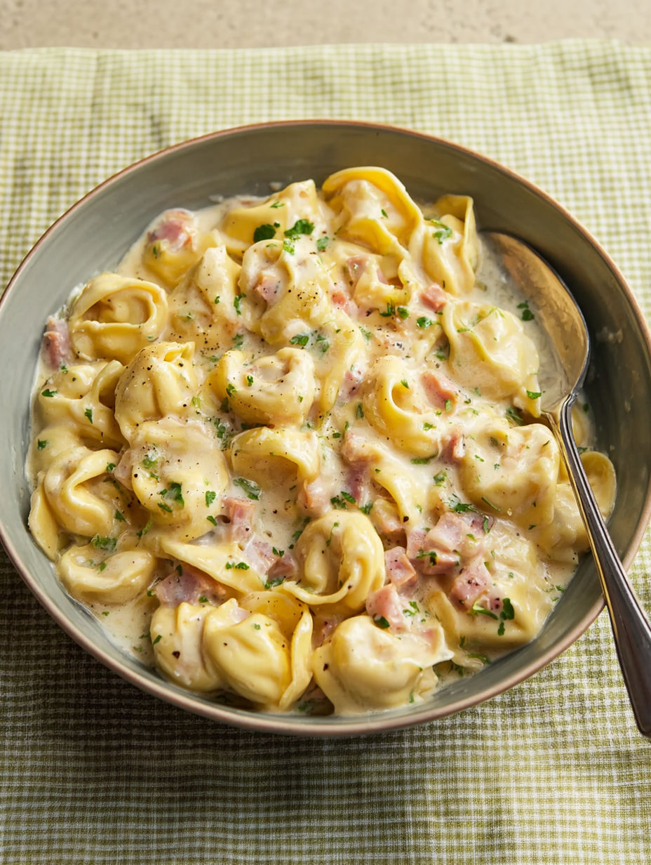 A bowl of pasta with cheese and ham.