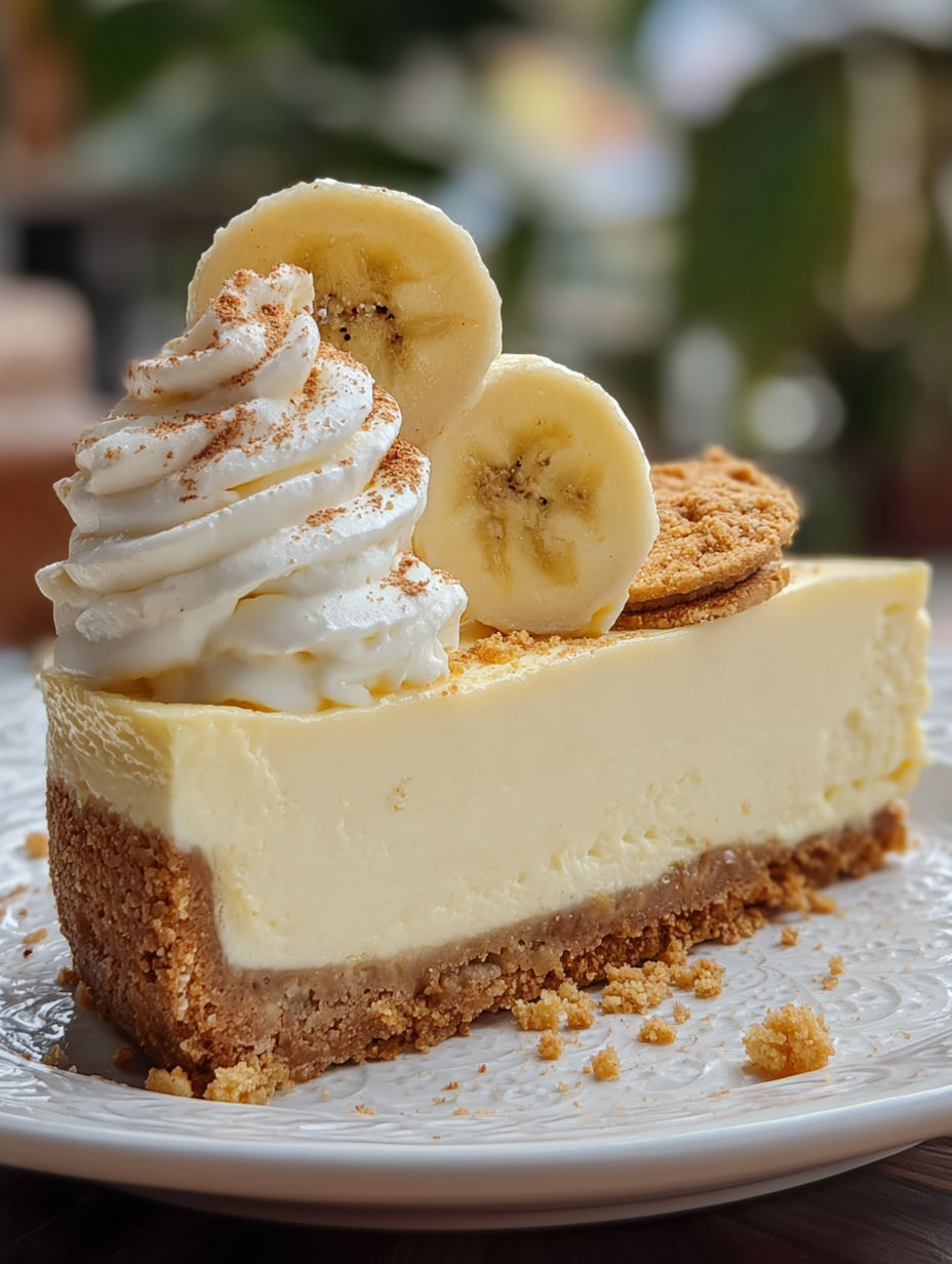 A slice of creamier banana cheesecake with a dollop of whipped cream on top.
