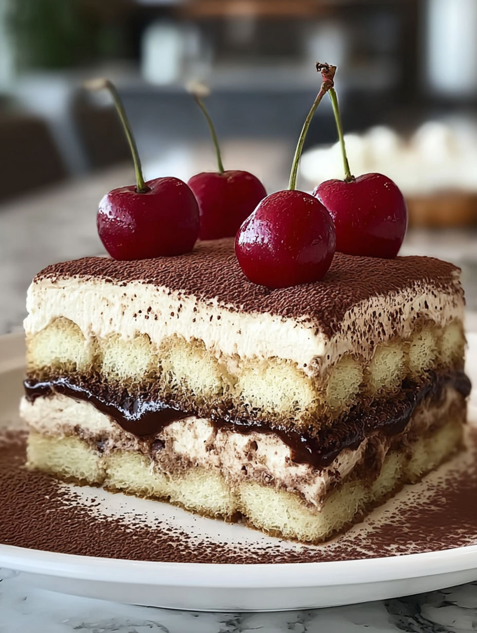 A slice of Italian cherry tiramisu.