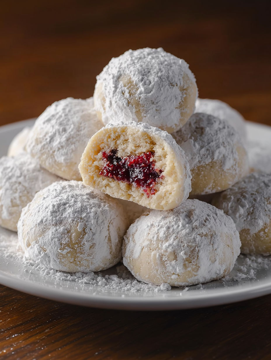 A plate of raspberry filled almond snowball cookies.