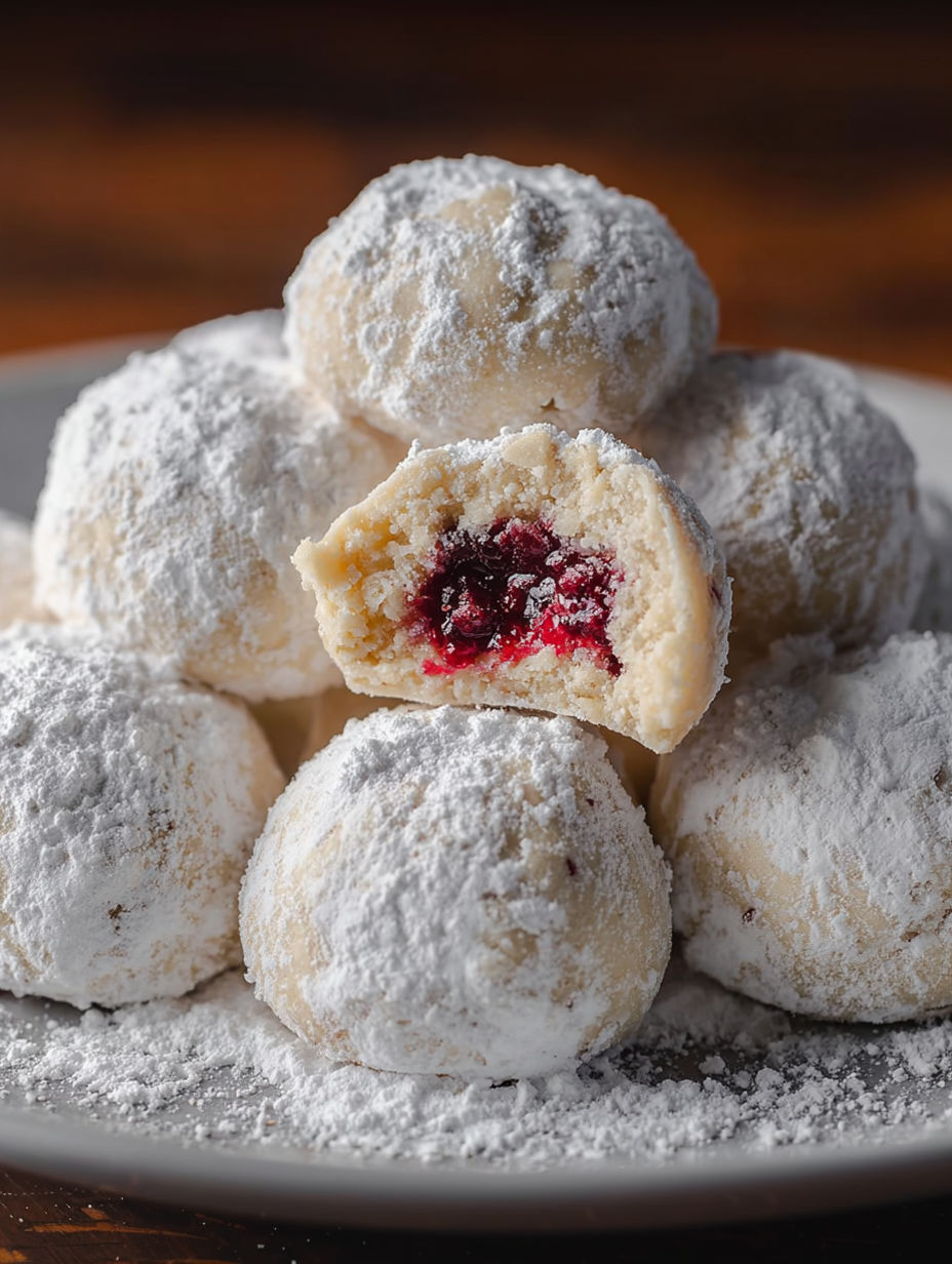 A plate of raspberry filled almond snowball cookies.