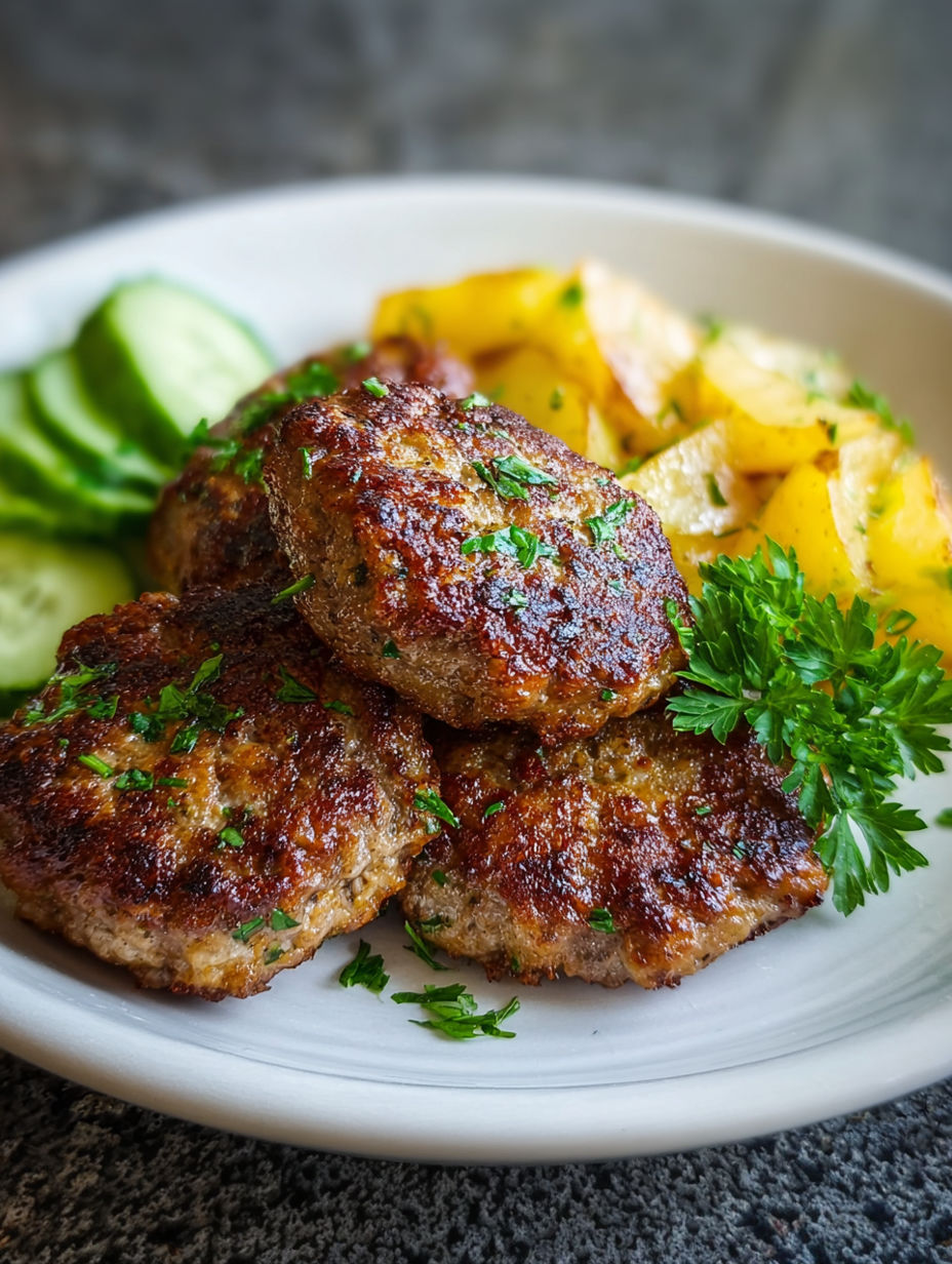 A plate of meatballs and potatoes.