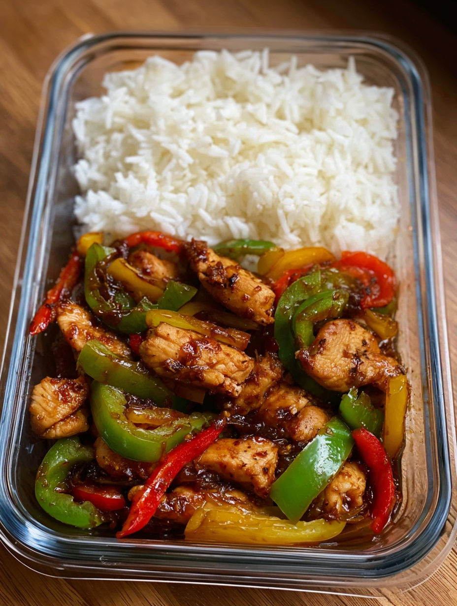 A bowl of chicken with peppers and rice.