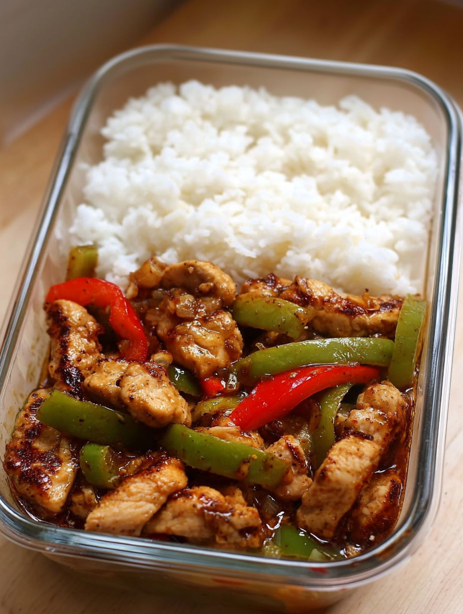 A dish of chicken with peppers and rice.