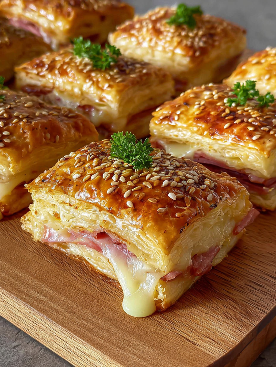 A pastry with cheese and herbs on top.