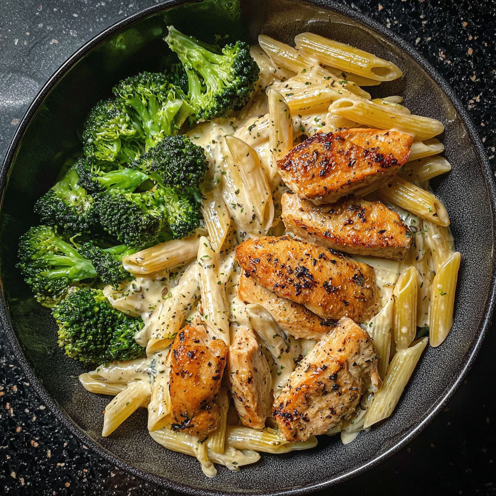 A bowl of pasta with chicken and broccoli.