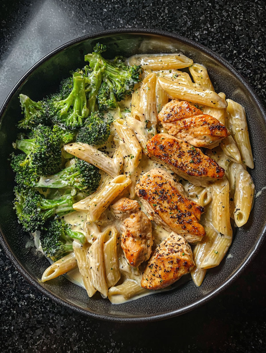 A bowl of pasta with chicken and broccoli.