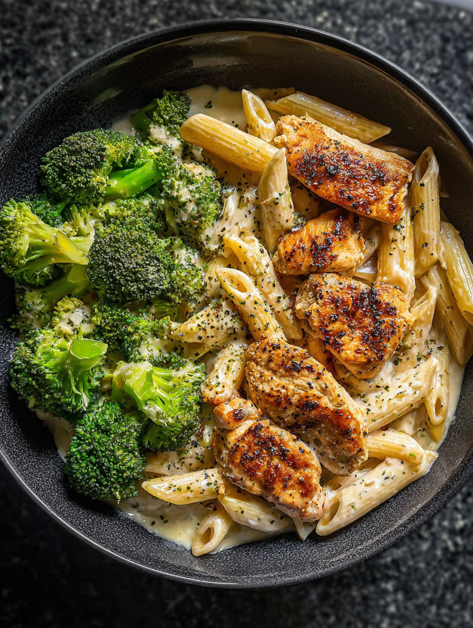 A bowl of pasta with chicken and broccoli.