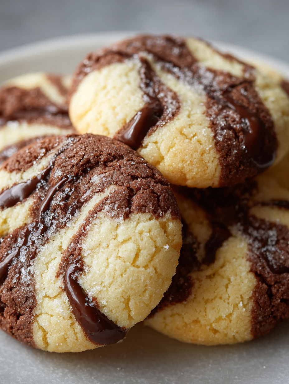 Chocolate drizzled cookies on a plate.
