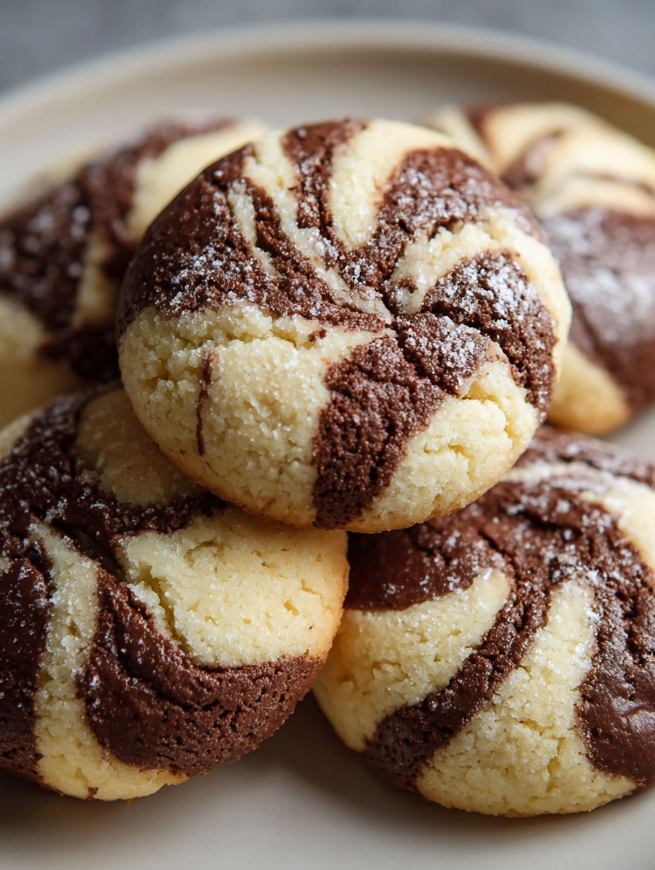 A plate of cookies with white icing and brown swirls.