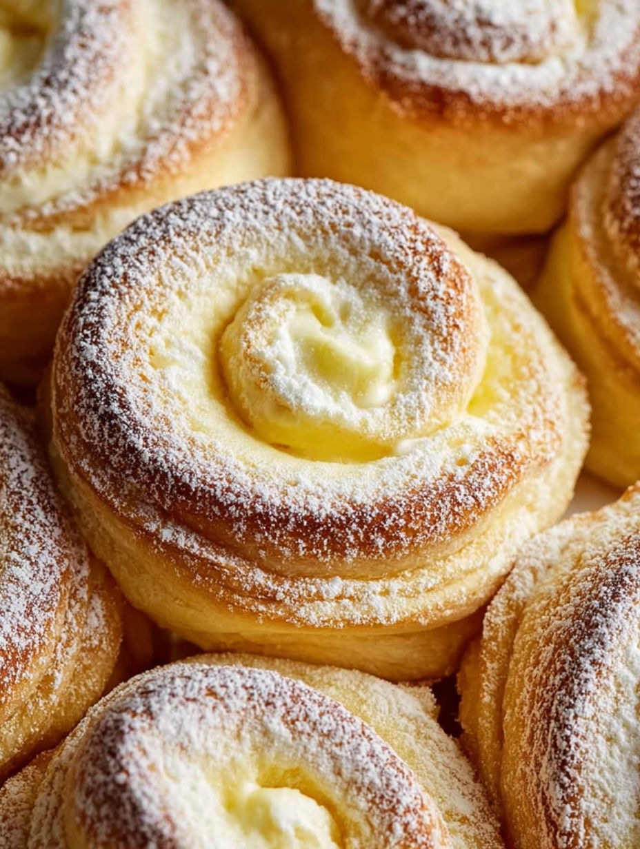 A pile of powdered sugar covered pastries.