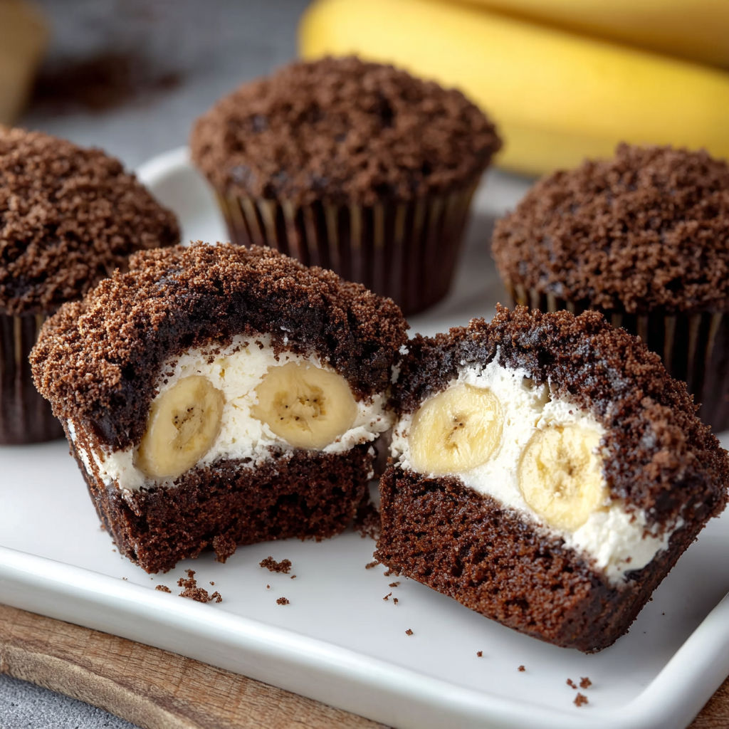 A plate of chocolate muffins with bananas in the middle.
