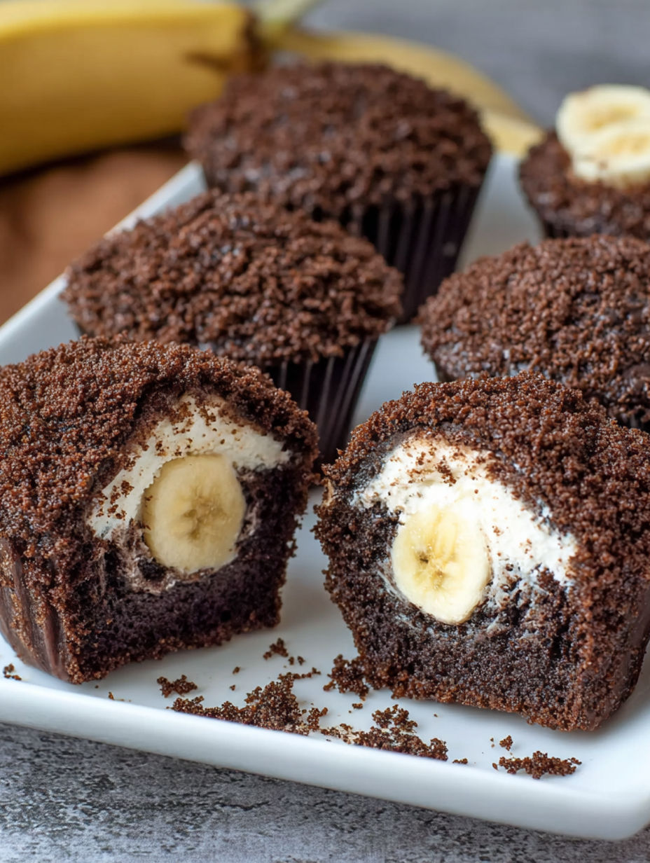 A plate of chocolate muffins with banana slices in the middle.