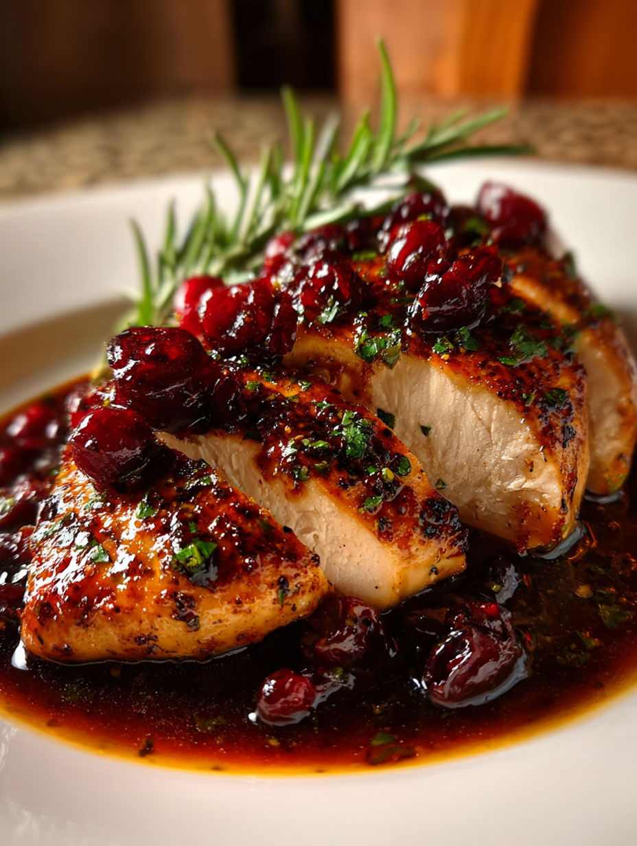 A plate of chicken with cranberries and herbs.