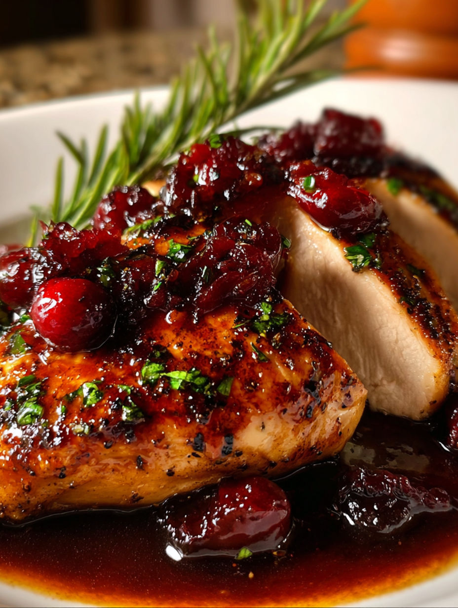 A piece of chicken with a sprig of rosemary on top.