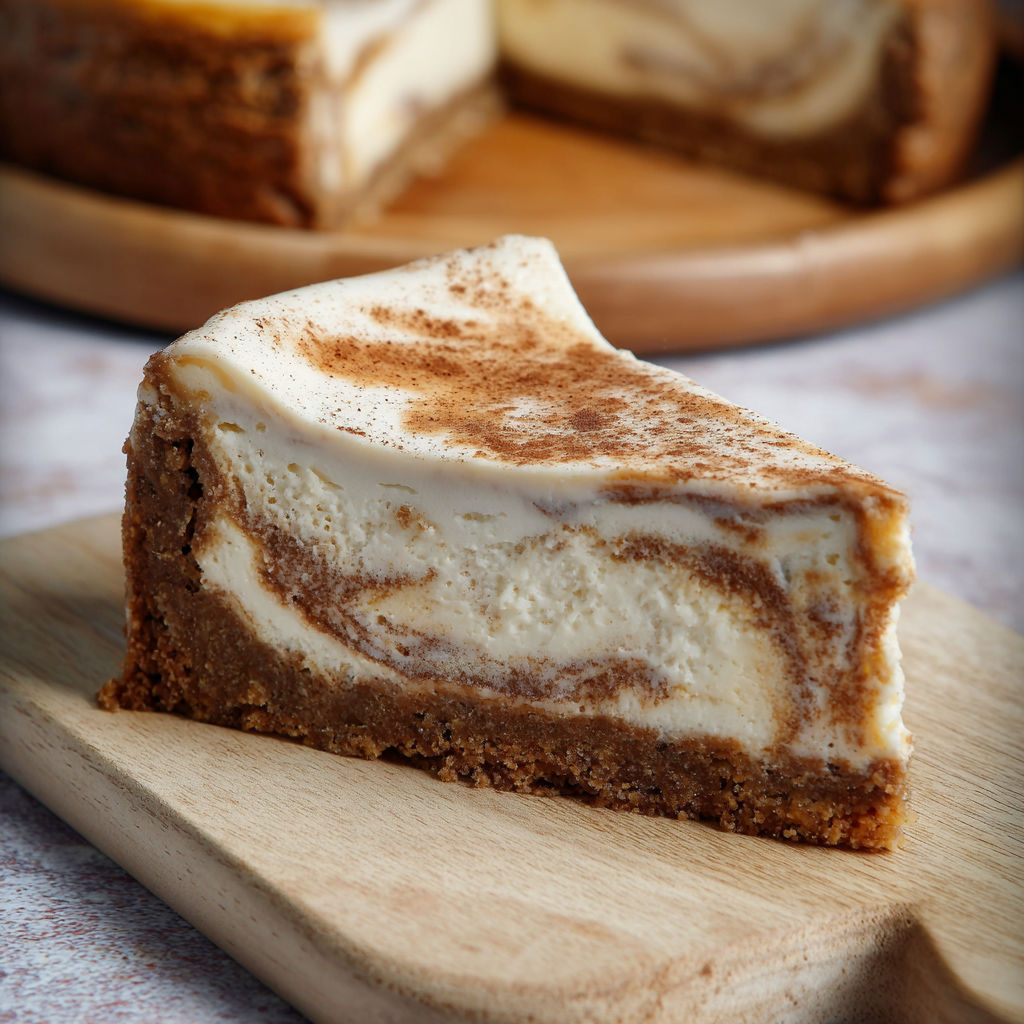 A slice of zimtschnecken-cheesecake on a wooden board.