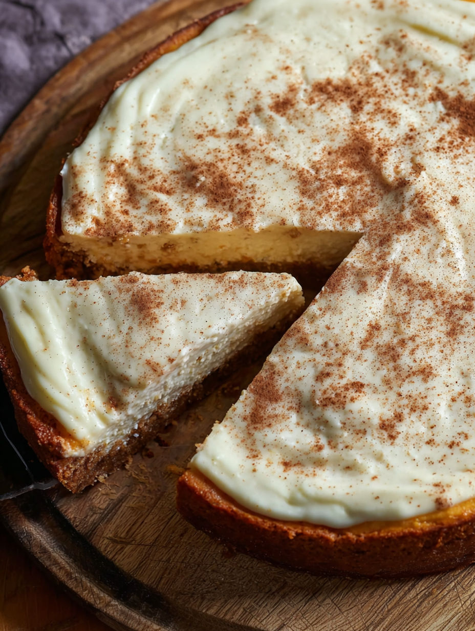 A slice of zimtschnecken-cheesecake on a wooden board.