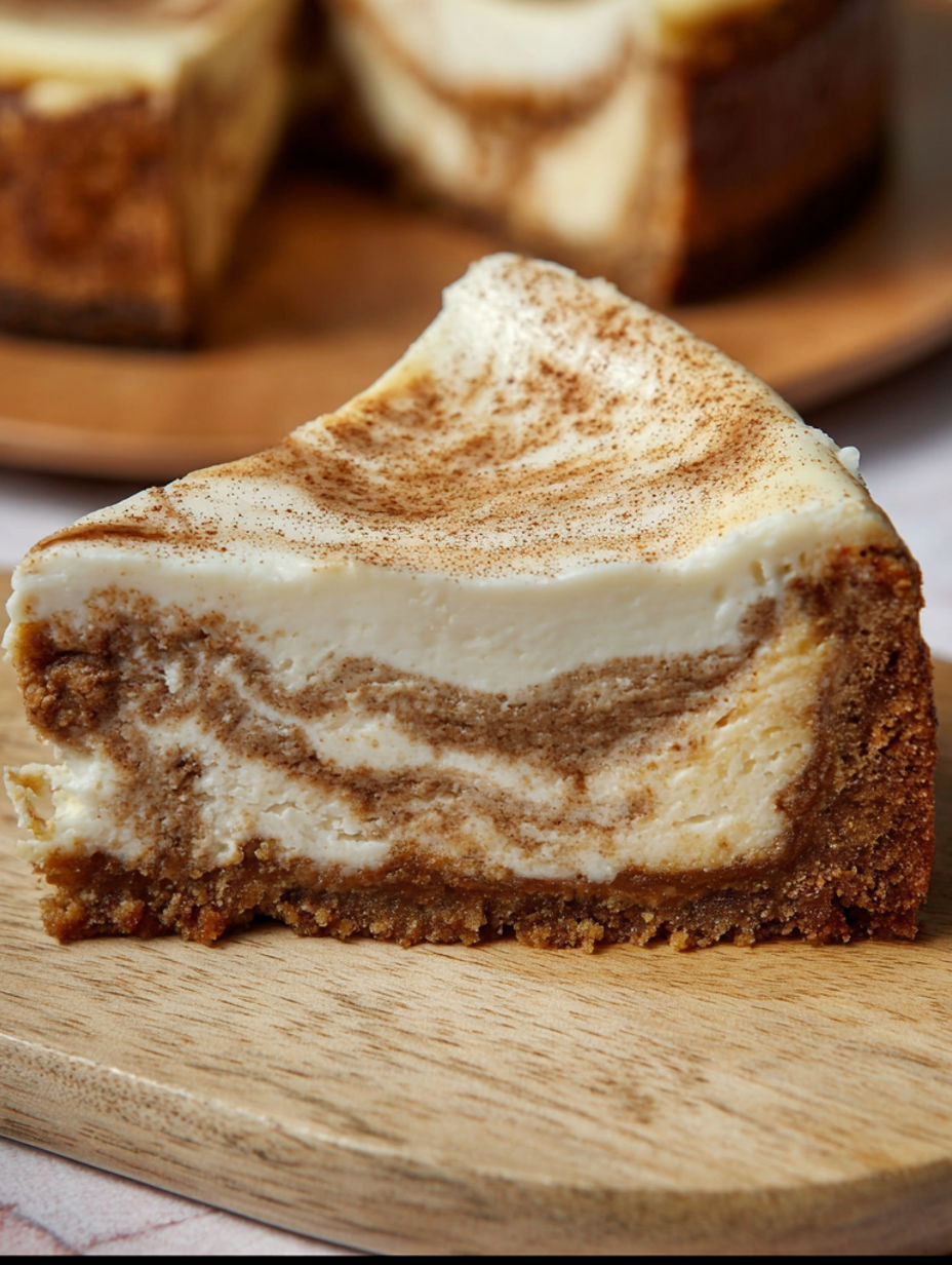 A slice of zimtschnecken-cheesecake on a wooden board.