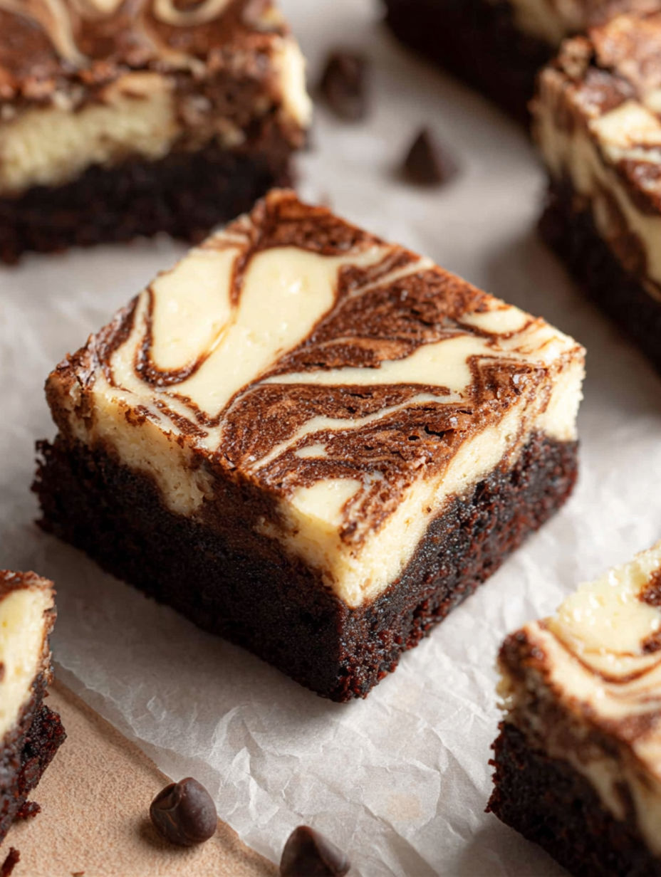 A square piece of chocolate cheesecake.