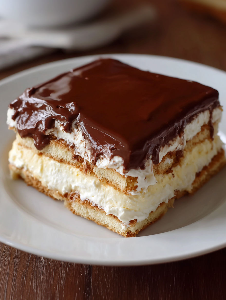 A slice of chocolate cake on a white plate.
