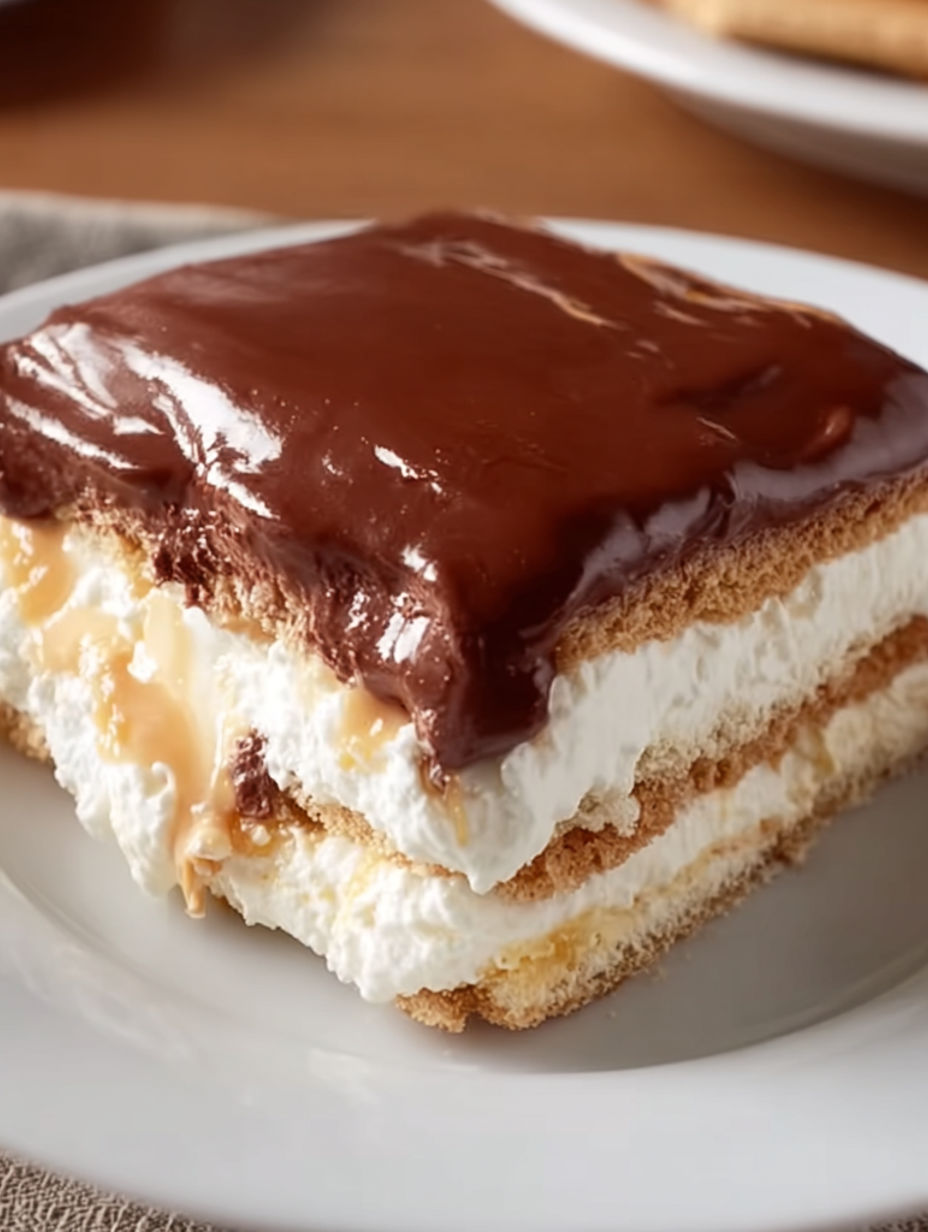 A slice of chocolate cake on a white plate.
