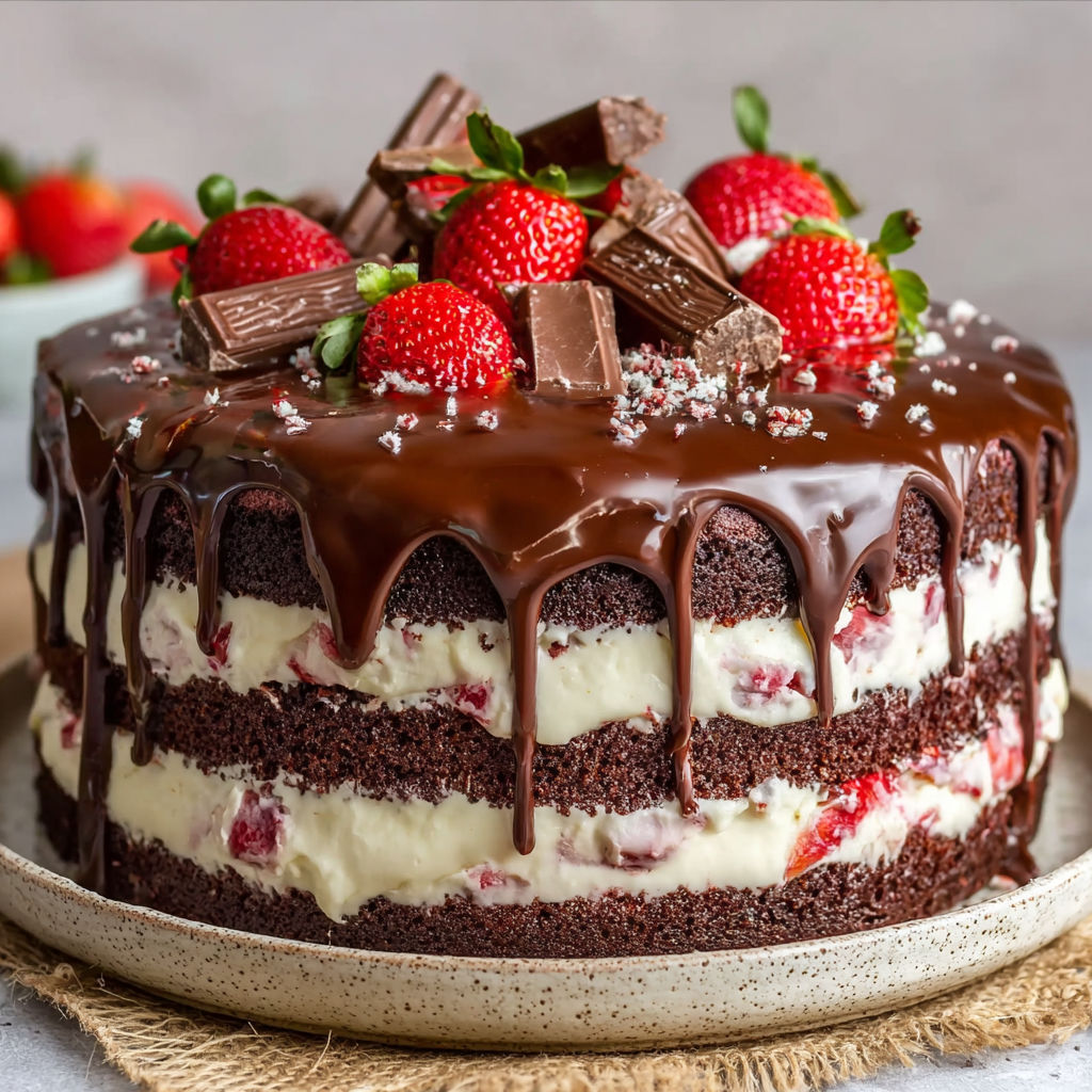 A chocolate cake with strawberries and chocolate drizzle.