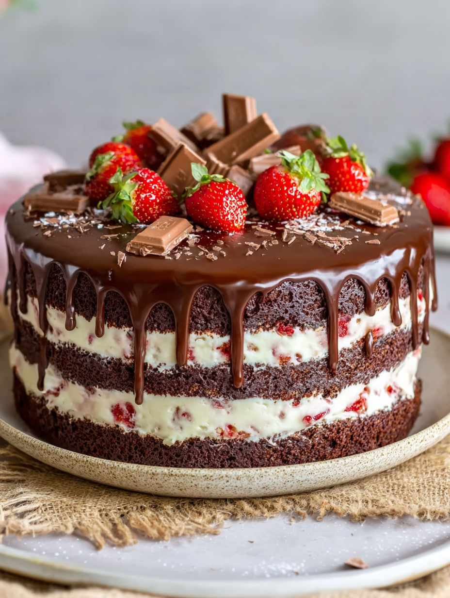 A chocolate cake with strawberries and chocolate drizzle.